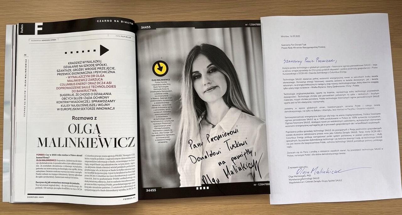 „Ochrona technologii Saule potrzebuje pomocy polskiego rządu” – Olga Malinkiewicz apeluje do premiera i uderza w byłych partnerów biznesowych